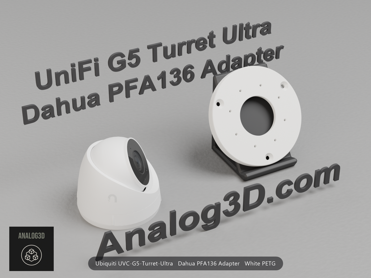 White PETG Dahua PFA136 adapter plate for the Ubiquiti UVC-G5-Turret-Ultra on a display stand with the camera