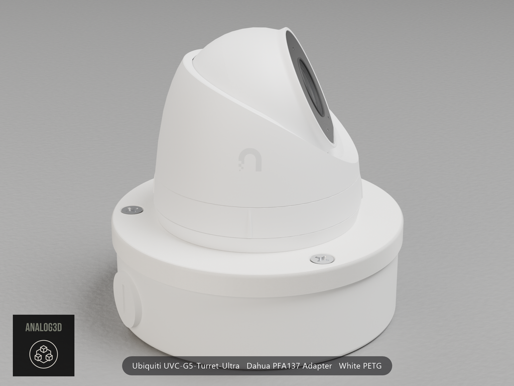 Ubiquiti UVC-G5-Turret-Ultra on a white PETG Dahua PFA137 adapter plate mounted on a Dahua PFA137 junction box