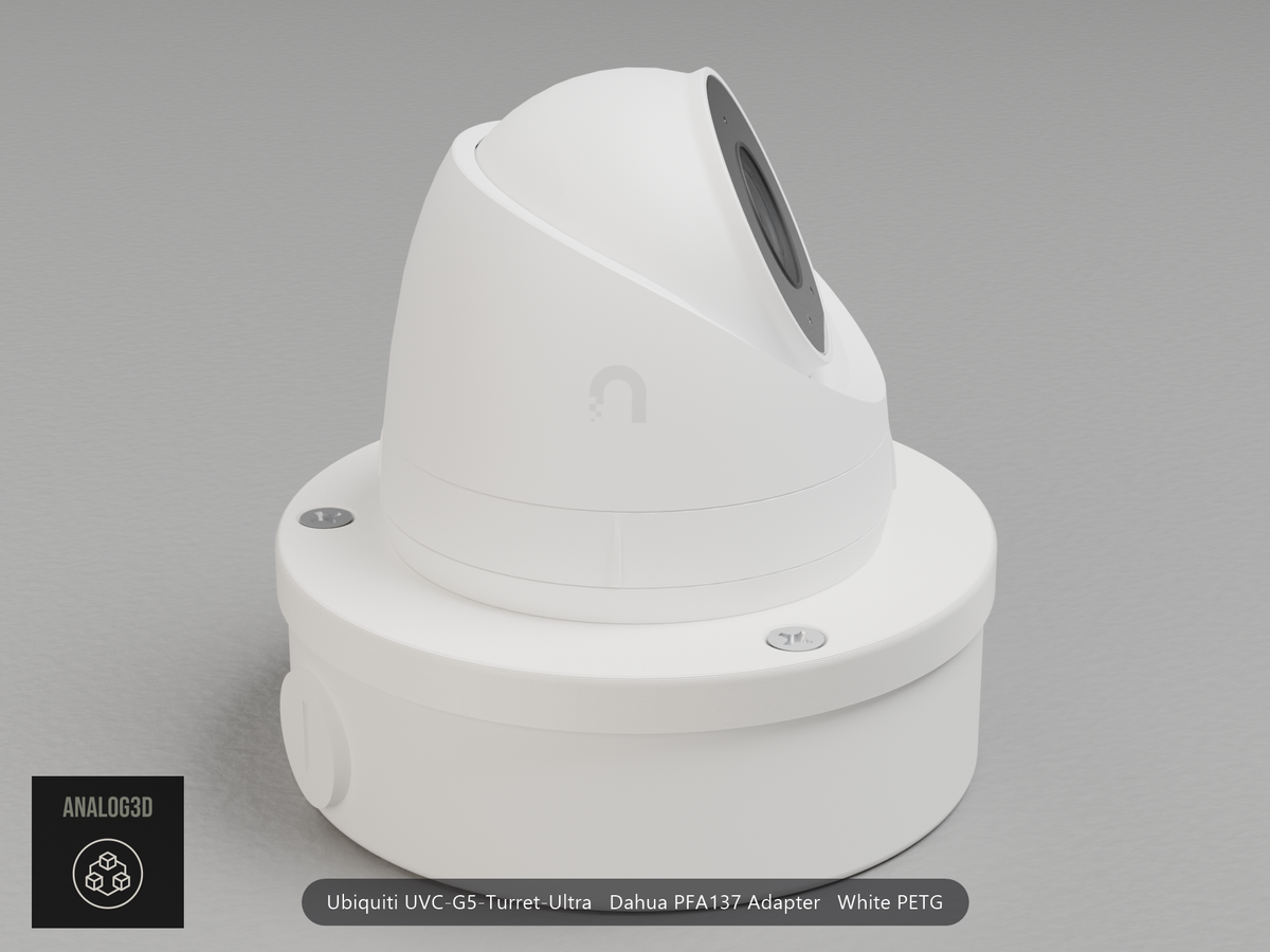 Ubiquiti UVC-G5-Turret-Ultra on a white PETG Dahua PFA137 adapter plate mounted on a Dahua PFA137 junction box