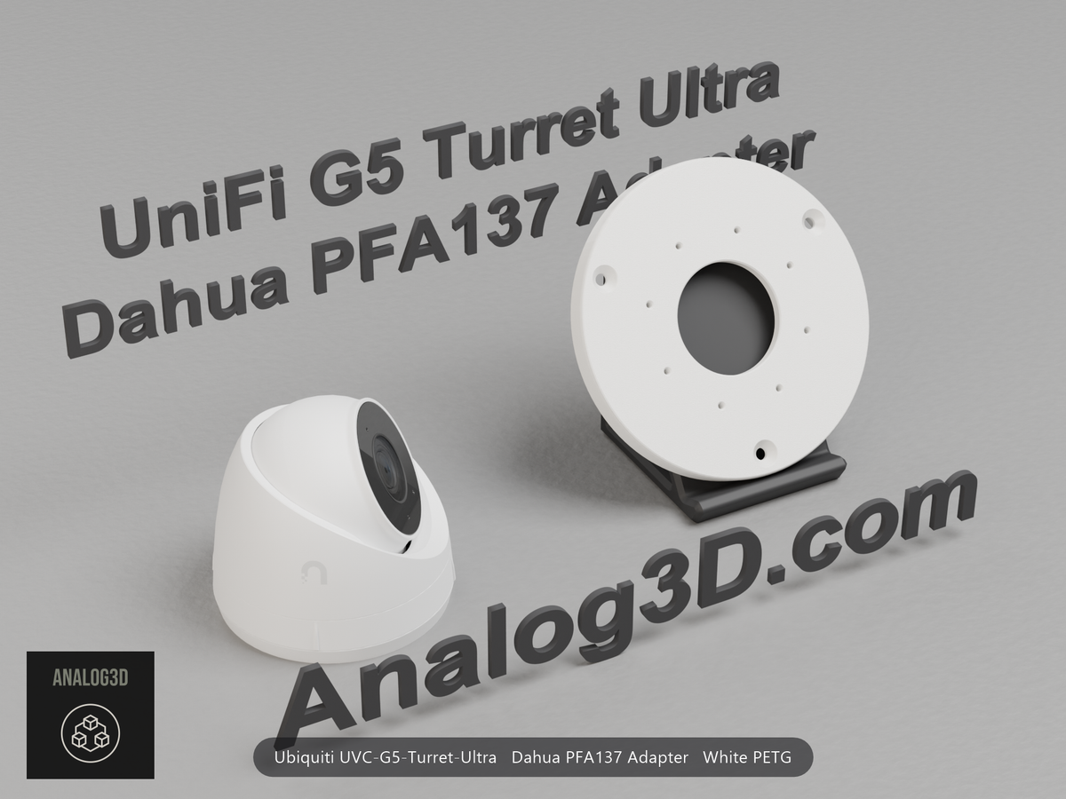 White PETG Dahua PFA137 adapter plate for the Ubiquiti UVC-G5-Turret-Ultra on a display stand with the camera