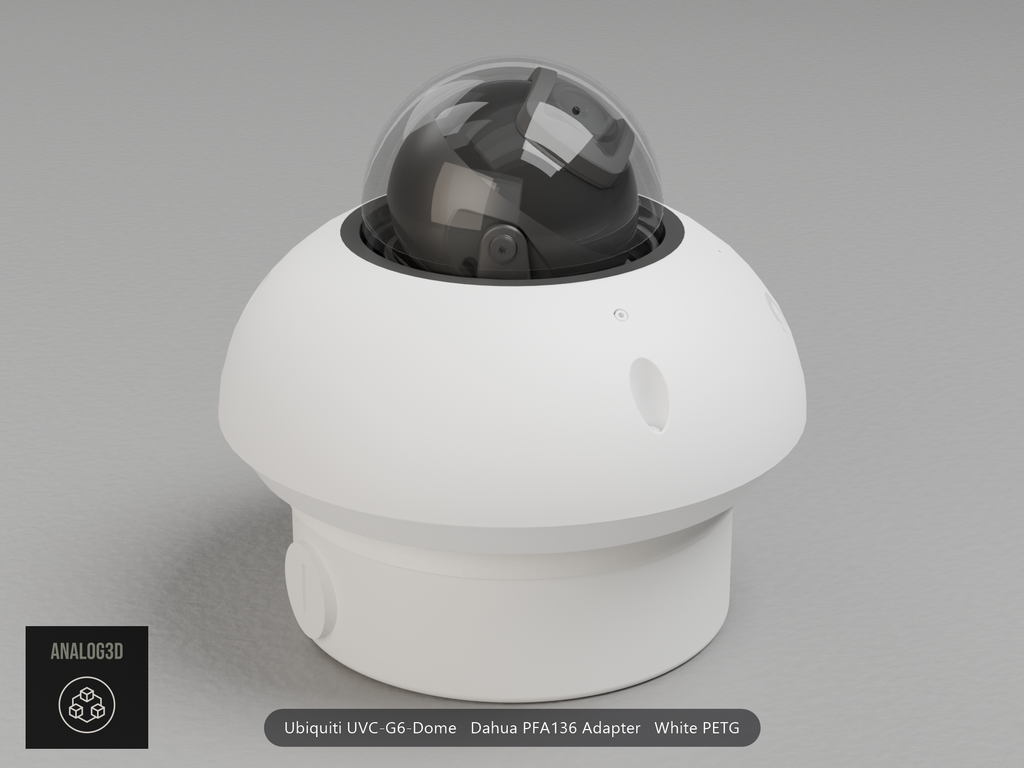 Ubiquiti UVC-G6-Dome on a white PETG Dahua PFA136 adapter plate mounted on a Dahua PFA136 junction box
