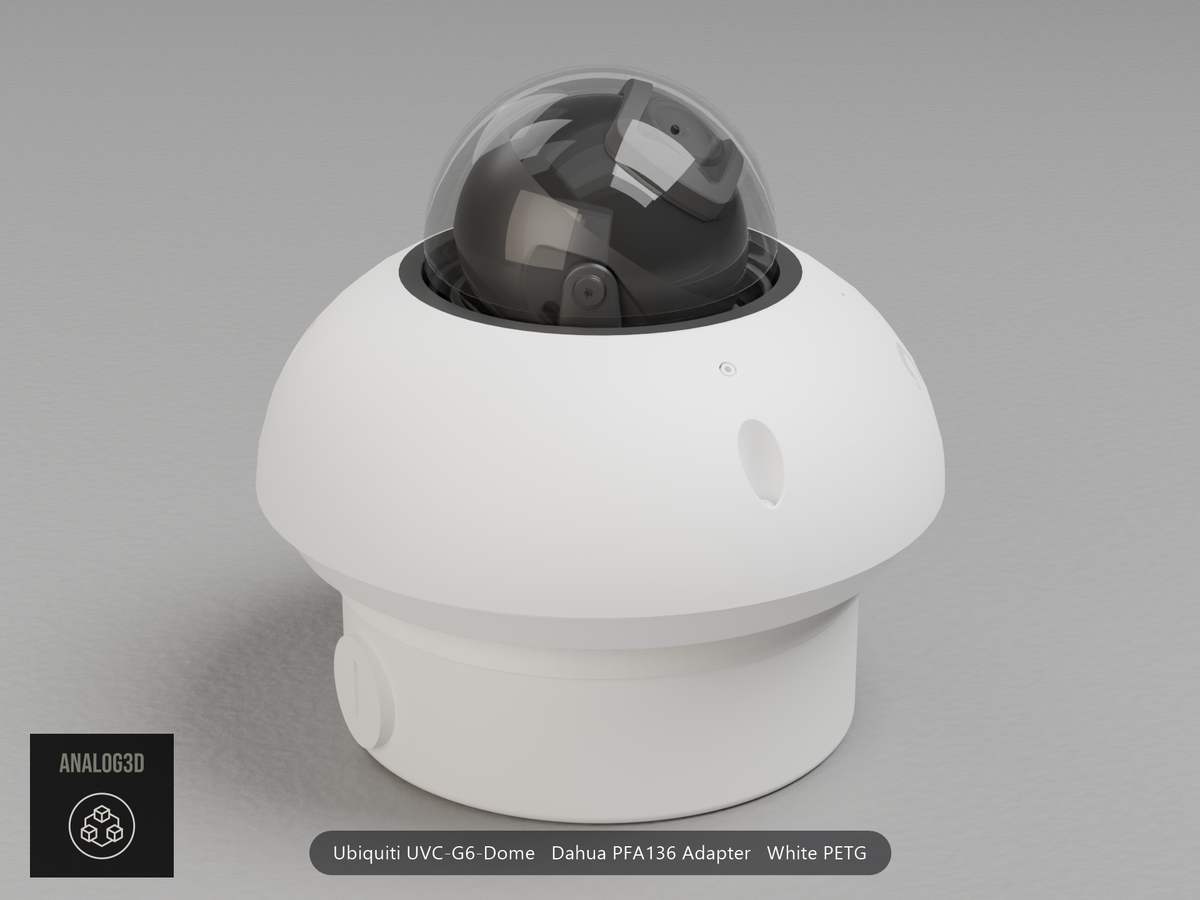 Ubiquiti UVC-G6-Dome on a white PETG Dahua PFA136 adapter plate mounted on a Dahua PFA136 junction box
