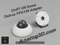 White PETG Dahua PFA136 adapter plate for the Ubiquiti UVC-G6-Dome on a display stand with the camera