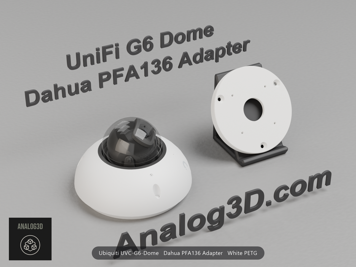 White PETG Dahua PFA136 adapter plate for the Ubiquiti UVC-G6-Dome on a display stand with the camera