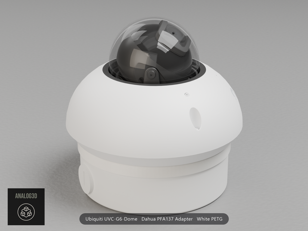 Ubiquiti UVC-G6-Dome on a white PETG Dahua PFA137 adapter plate mounted on a Dahua PFA137 junction box