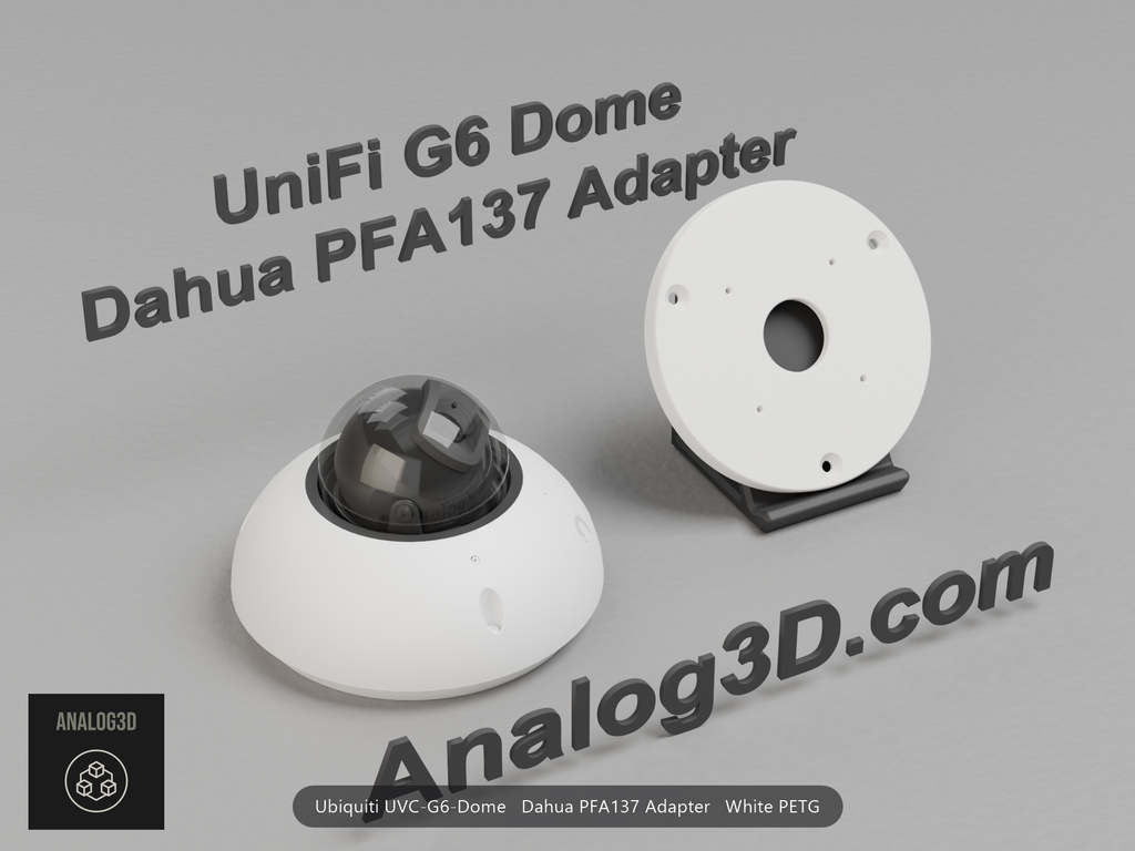 White PETG Dahua PFA137 adapter plate for the Ubiquiti UVC-G6-Dome on a display stand with the camera