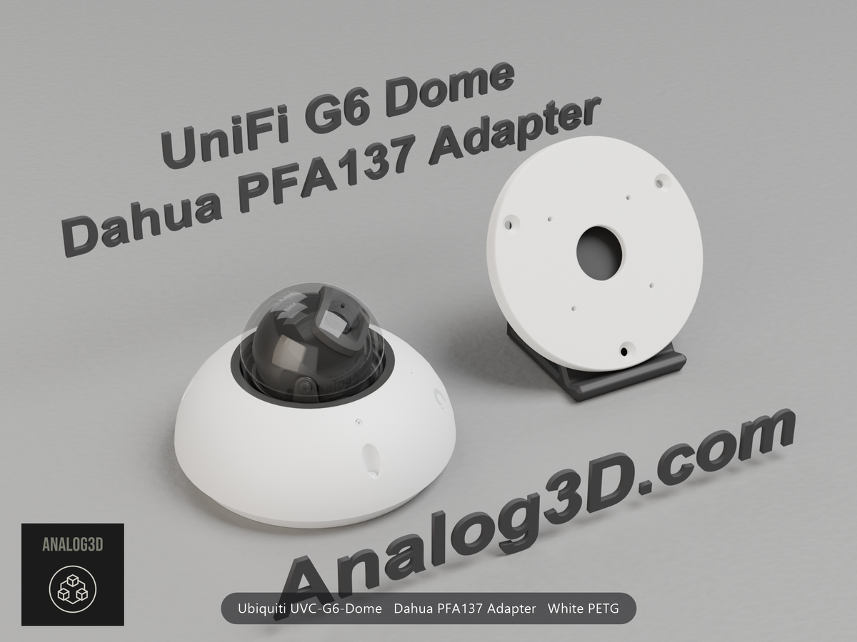 White PETG Dahua PFA137 adapter plate for the Ubiquiti UVC-G6-Dome on a display stand with the camera