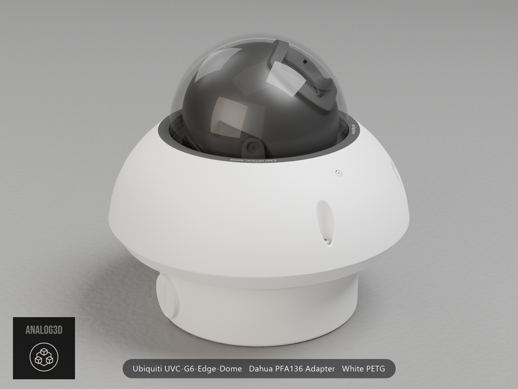 Ubiquiti UVC-G6-Edge-Dome on a white PETG Dahua PFA136 adapter plate mounted on a Dahua PFA136 junction box