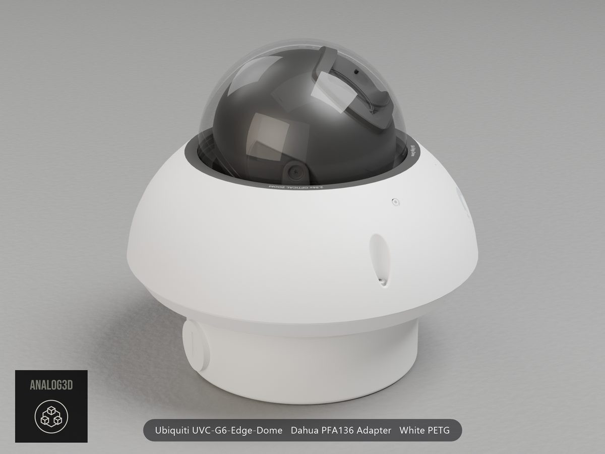 Ubiquiti UVC-G6-Edge-Dome on a white PETG Dahua PFA136 adapter plate mounted on a Dahua PFA136 junction box