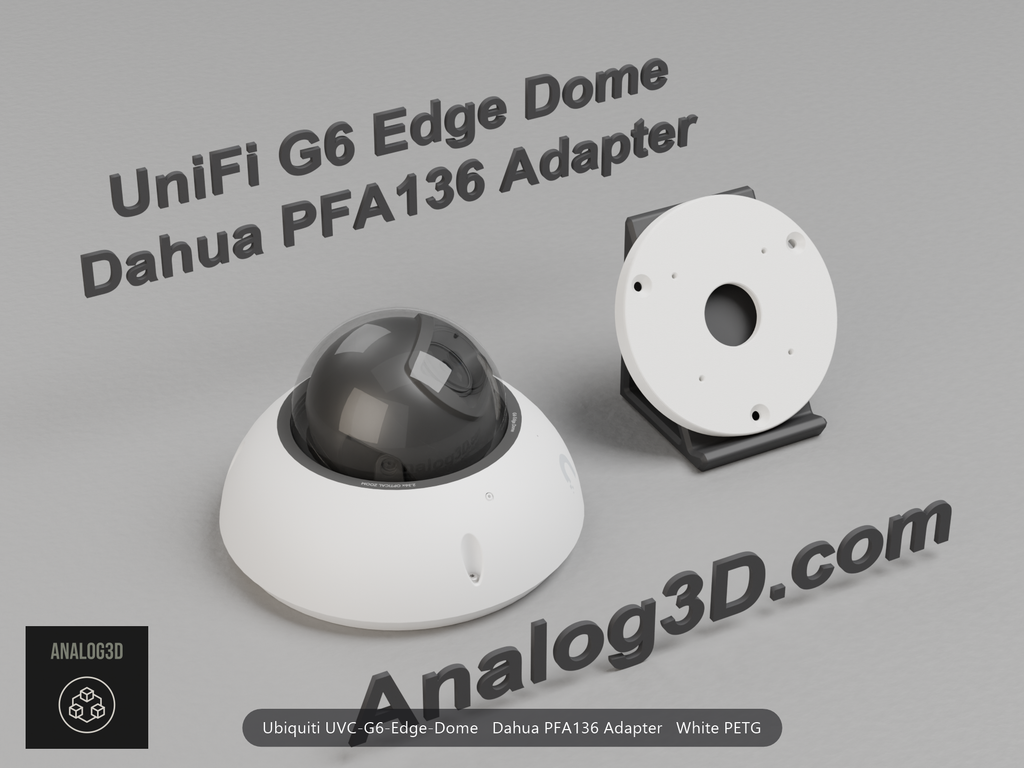 White PETG Dahua PFA136 adapter plate for the Ubiquiti UVC-G6-Edge-Dome on a display stand with the camera