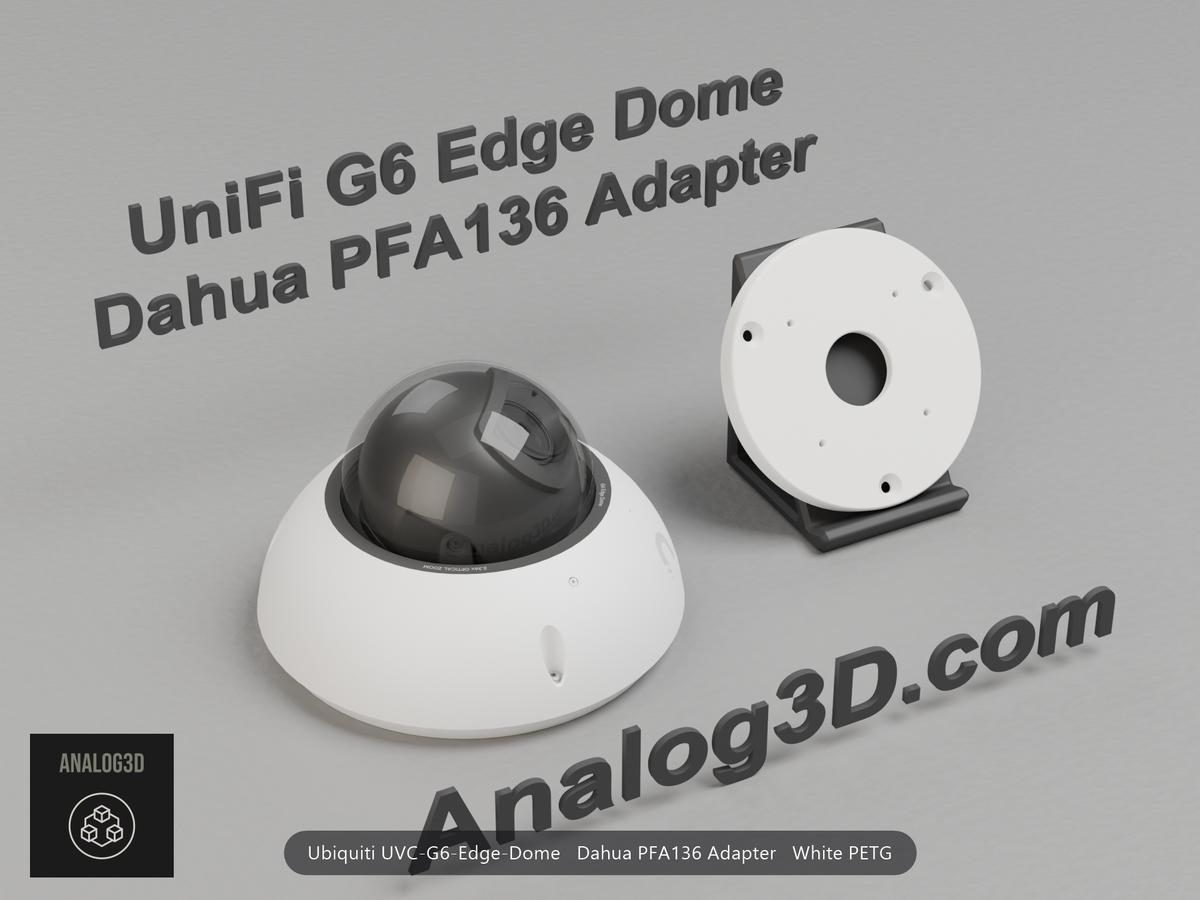 White PETG Dahua PFA136 adapter plate for the Ubiquiti UVC-G6-Edge-Dome on a display stand with the camera