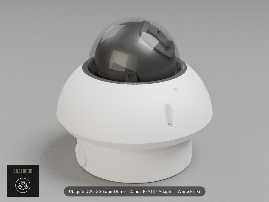 Ubiquiti UVC-G6-Edge-Dome on a white PETG Dahua PFA137 adapter plate mounted on a Dahua PFA137 junction box