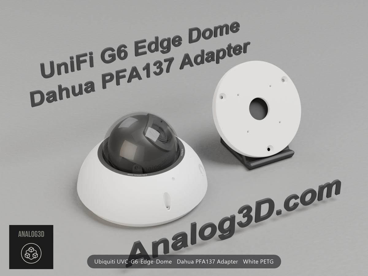 White PETG Dahua PFA137 adapter plate for the Ubiquiti UVC-G6-Edge-Dome on a display stand with the camera