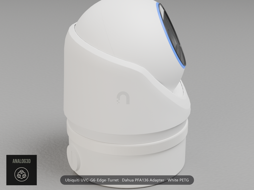 Ubiquiti UVC-G6-Edge-Turret on a white PETG Dahua PFA136 adapter plate mounted on a Dahua PFA136 junction box