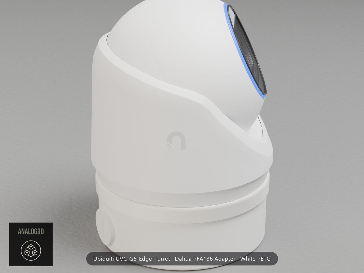 Ubiquiti UVC-G6-Edge-Turret on a white PETG Dahua PFA136 adapter plate mounted on a Dahua PFA136 junction box