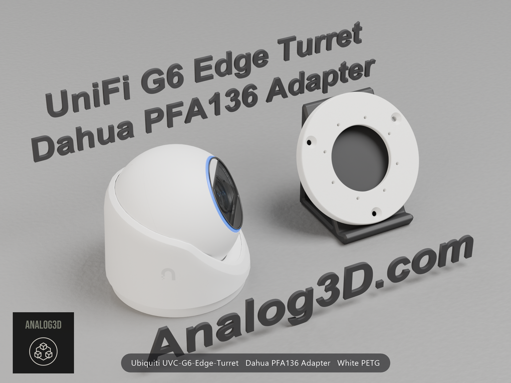 White PETG Dahua PFA136 adapter plate for the Ubiquiti UVC-G6-Edge-Turret on a display stand with the camera