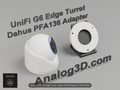 White PETG Dahua PFA136 adapter plate for the Ubiquiti UVC-G6-Edge-Turret on a display stand with the camera