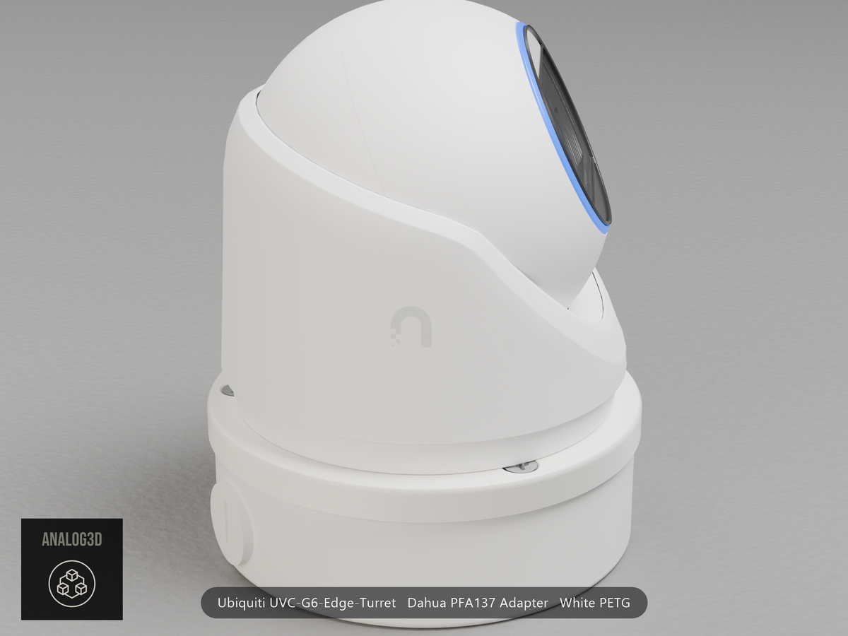 Ubiquiti UVC-G6-Edge-Turret on a white PETG Dahua PFA137 adapter plate mounted on a Dahua PFA137 junction box