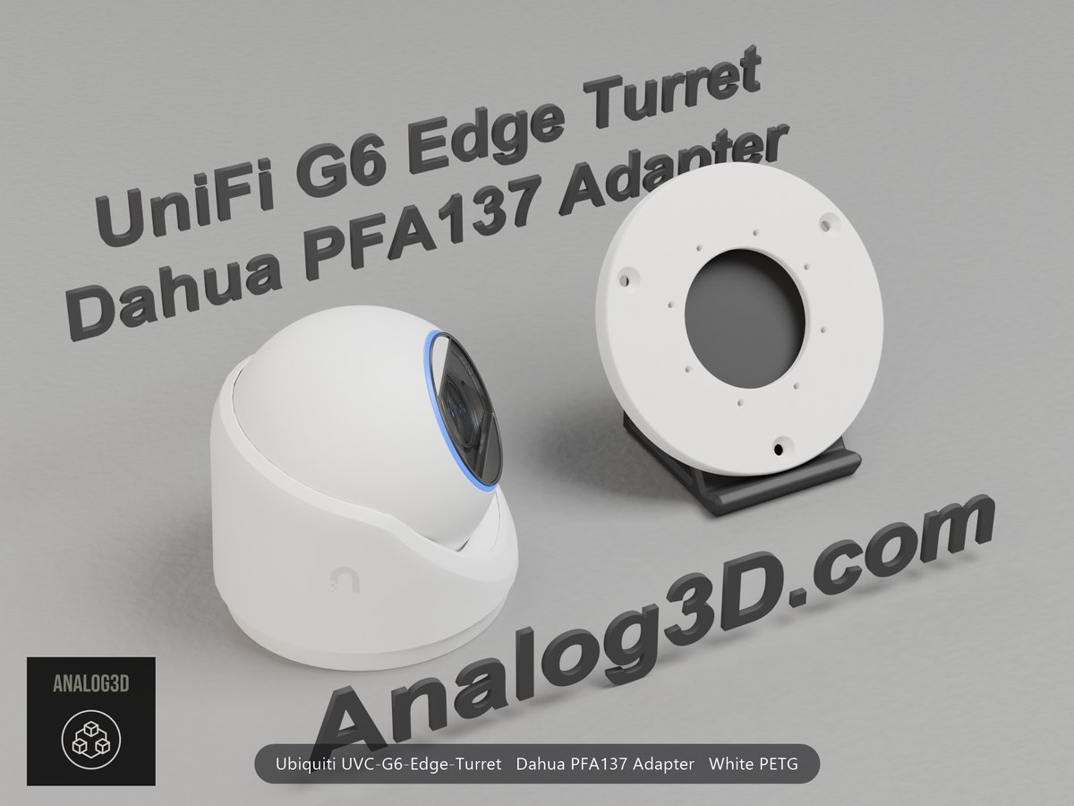 White PETG Dahua PFA137 adapter plate for the Ubiquiti UVC-G6-Edge-Turret on a display stand with the camera