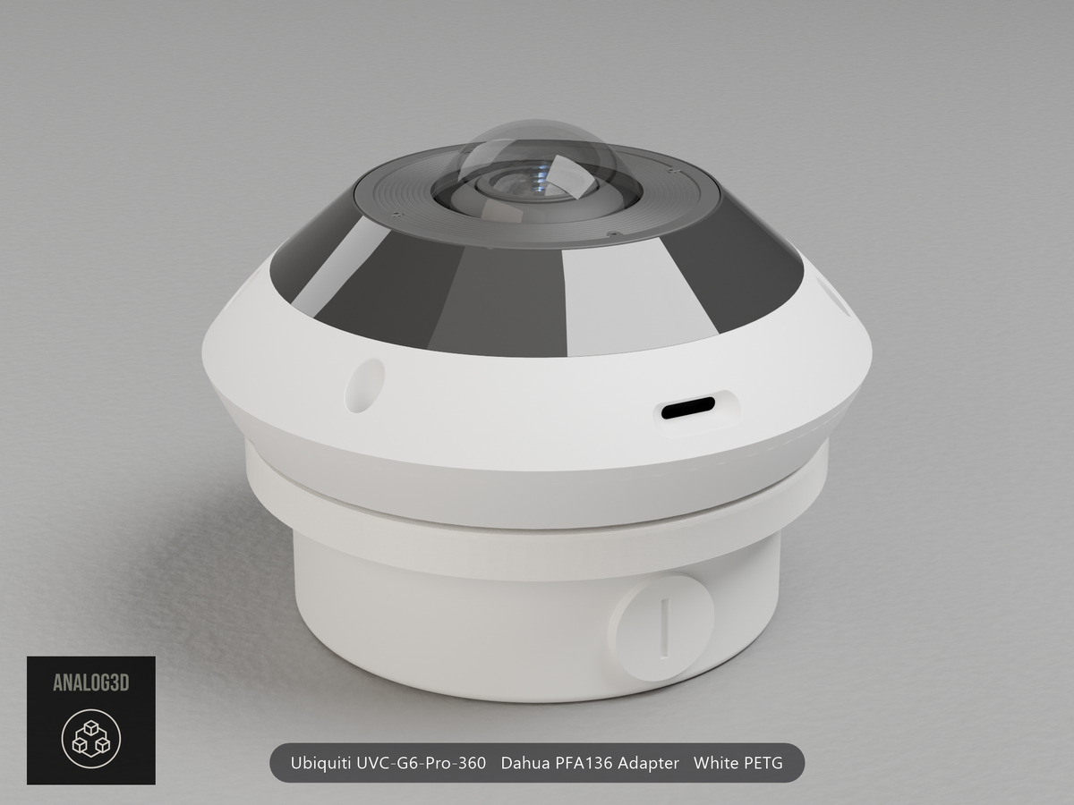 Ubiquiti UVC-G6-Pro-360 on a white PETG Dahua PFA136 adapter plate mounted on a Dahua PFA136 junction box
