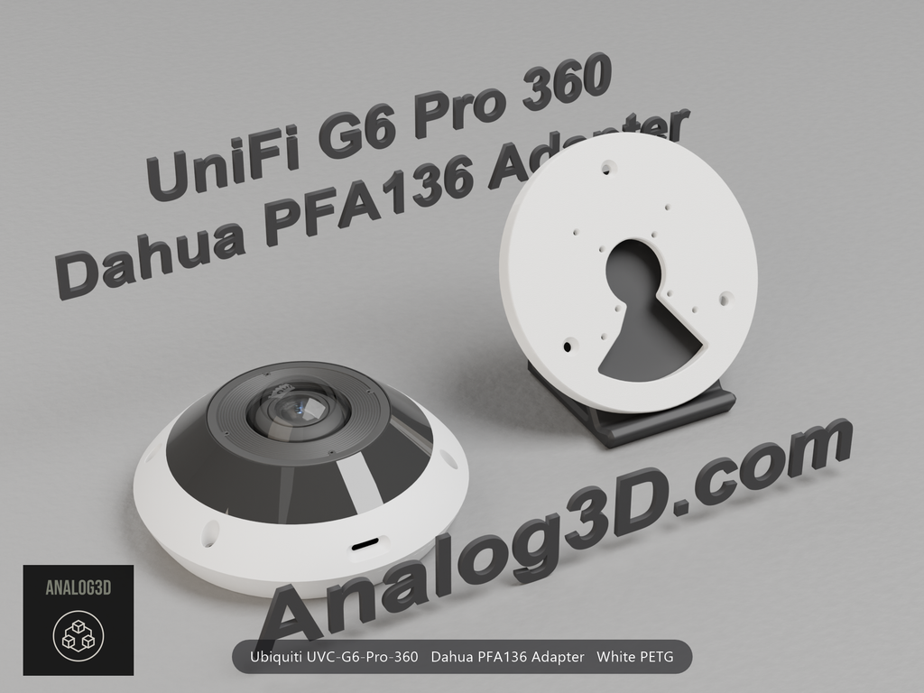 White PETG Dahua PFA136 adapter plate for the Ubiquiti UVC-G6-Pro-360 on a display stand with the camera