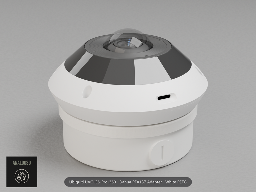 Ubiquiti UVC-G6-Pro-360 on a white PETG Dahua PFA137 adapter plate mounted on a Dahua PFA137 junction box