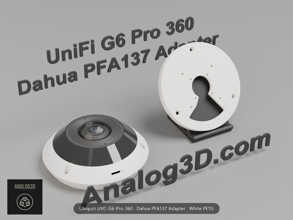 White PETG Dahua PFA137 adapter plate for the Ubiquiti UVC-G6-Pro-360 on a display stand with the camera