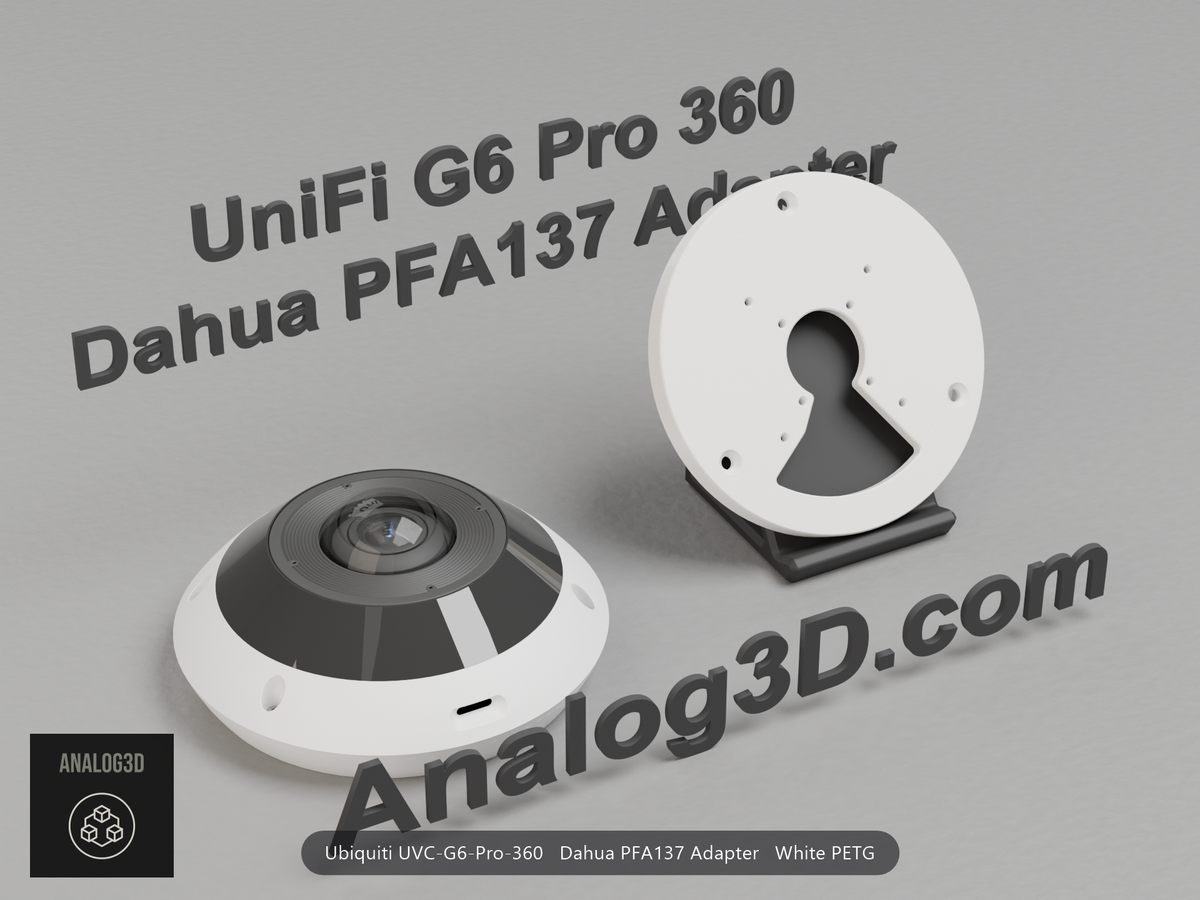 White PETG Dahua PFA137 adapter plate for the Ubiquiti UVC-G6-Pro-360 on a display stand with the camera
