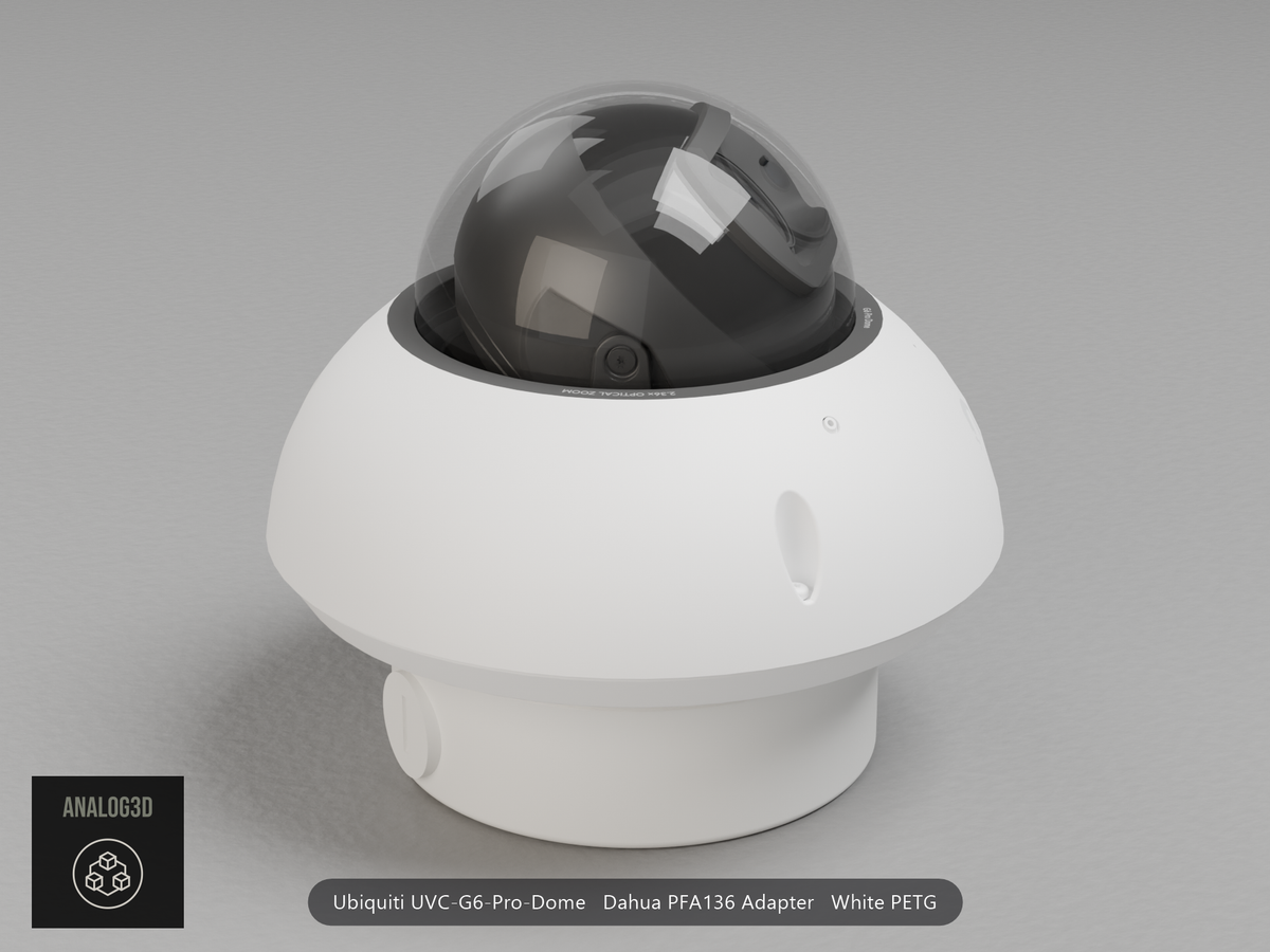 Ubiquiti UVC-G6-Pro-Dome on a white PETG Dahua PFA136 adapter plate mounted on a Dahua PFA136 junction box