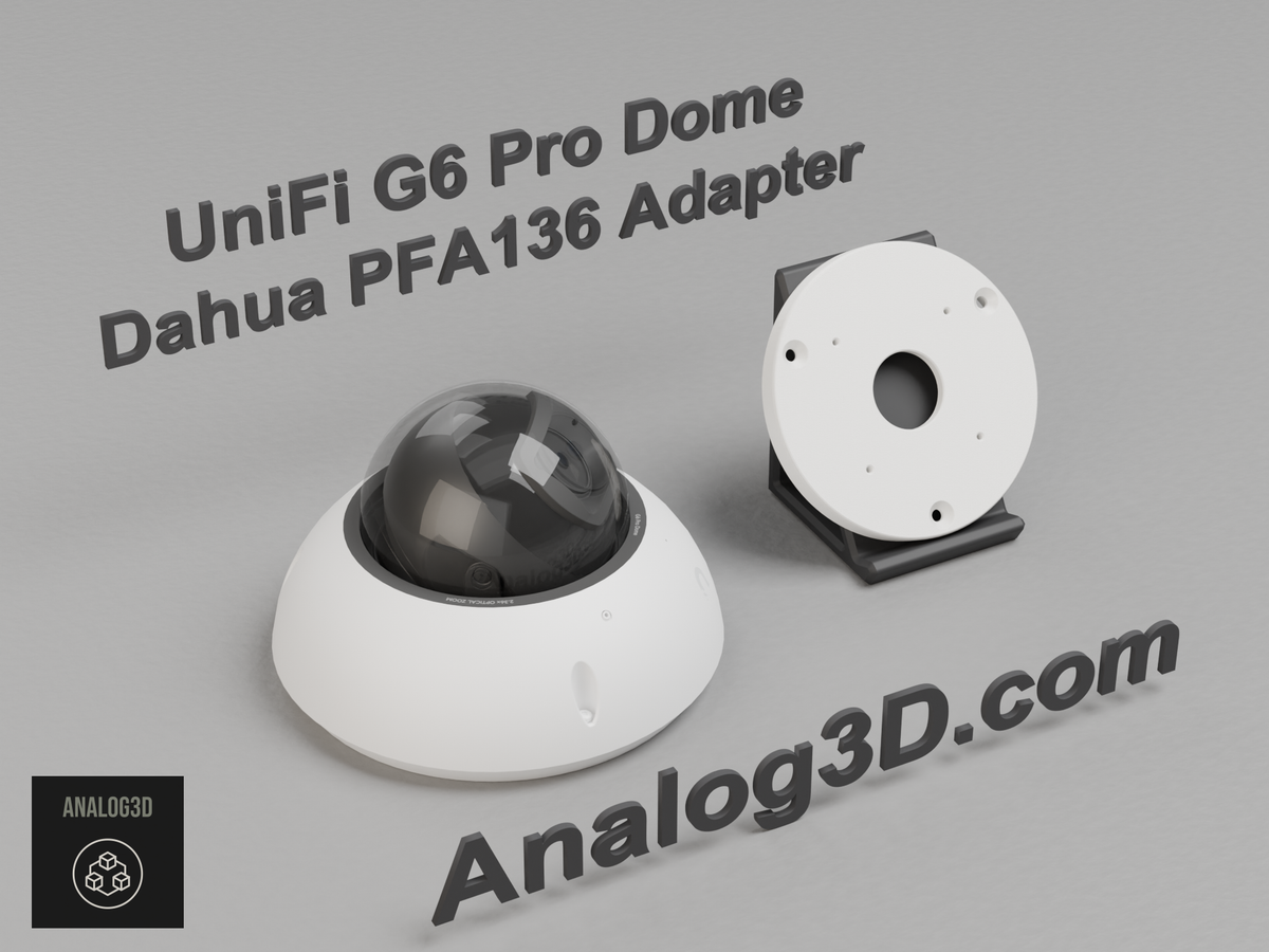 White PETG Dahua PFA136 adapter plate for the Ubiquiti UVC-G6-Pro-Dome on a display stand with the camera