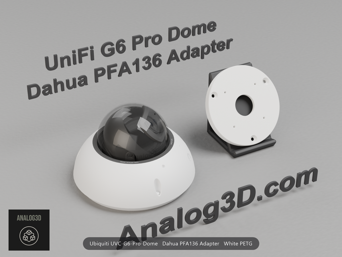 White PETG Dahua PFA136 adapter plate for the Ubiquiti UVC-G6-Pro-Dome on a display stand with the camera