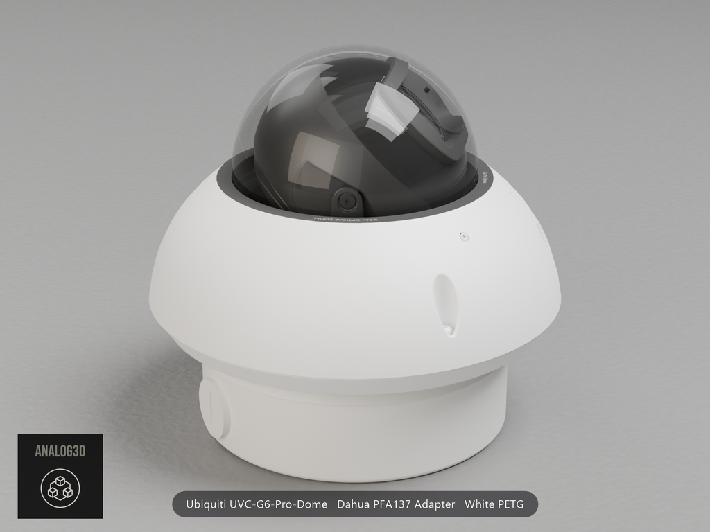 Ubiquiti UVC-G6-Pro-Dome on a white PETG Dahua PFA137 adapter plate mounted on a Dahua PFA137 junction box