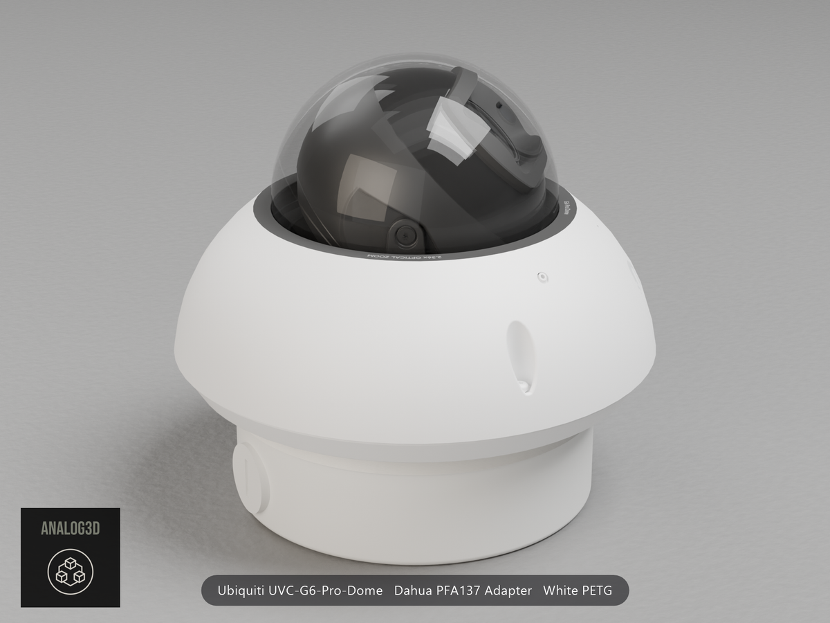 Ubiquiti UVC-G6-Pro-Dome on a white PETG Dahua PFA137 adapter plate mounted on a Dahua PFA137 junction box