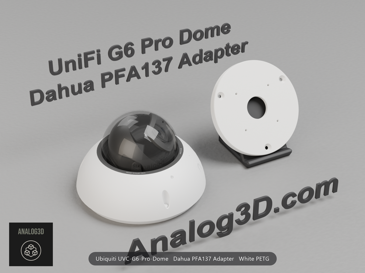White PETG Dahua PFA137 adapter plate for the Ubiquiti UVC-G6-Pro-Dome on a display stand with the camera