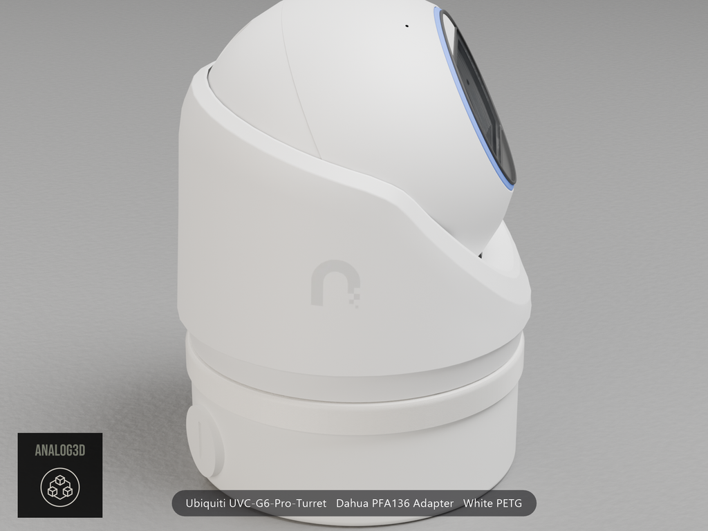 Ubiquiti UVC-G6-Pro-Turret on a white PETG Dahua PFA136 adapter plate mounted on a Dahua PFA136 junction box