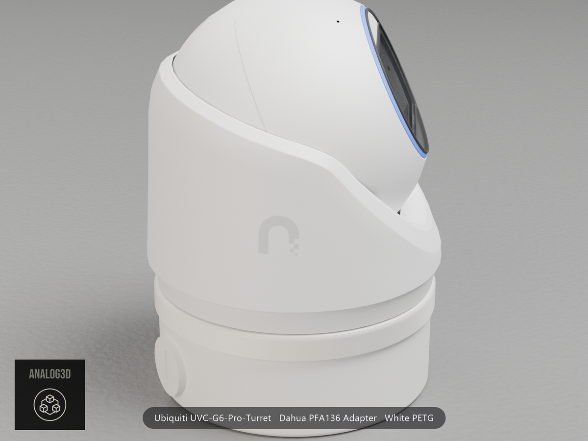 Ubiquiti UVC-G6-Pro-Turret on a white PETG Dahua PFA136 adapter plate mounted on a Dahua PFA136 junction box
