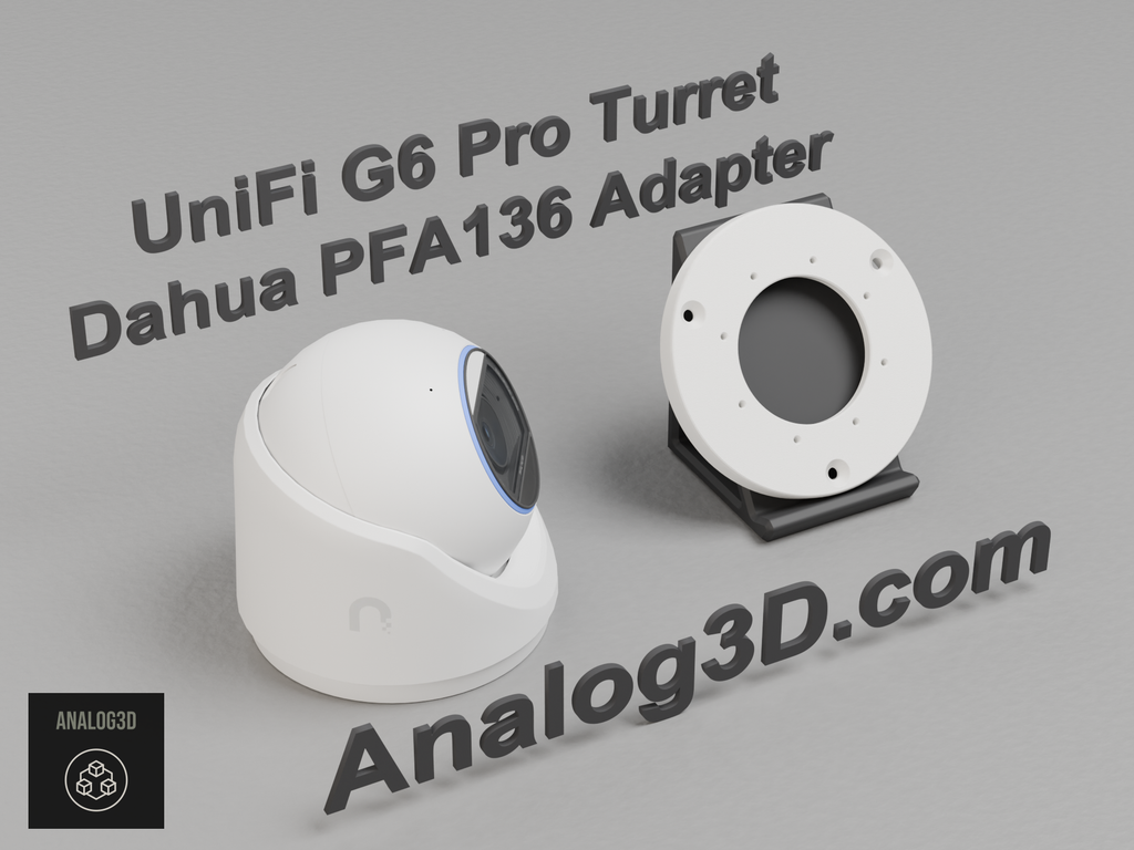 White PETG Dahua PFA136 adapter plate for the Ubiquiti UVC-G6-Pro-Turret on a display stand with the camera