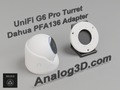 White PETG Dahua PFA136 adapter plate for the Ubiquiti UVC-G6-Pro-Turret on a display stand with the camera