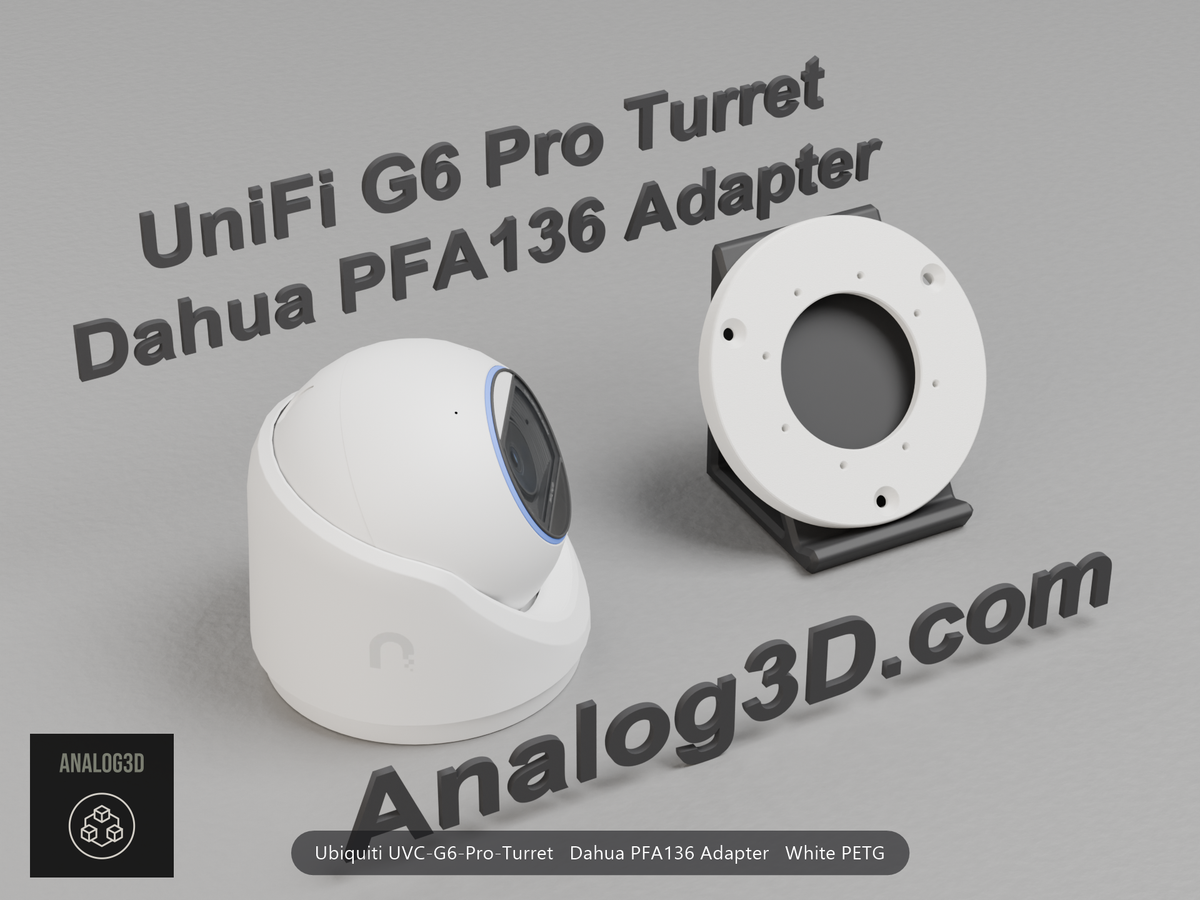 White PETG Dahua PFA136 adapter plate for the Ubiquiti UVC-G6-Pro-Turret on a display stand with the camera