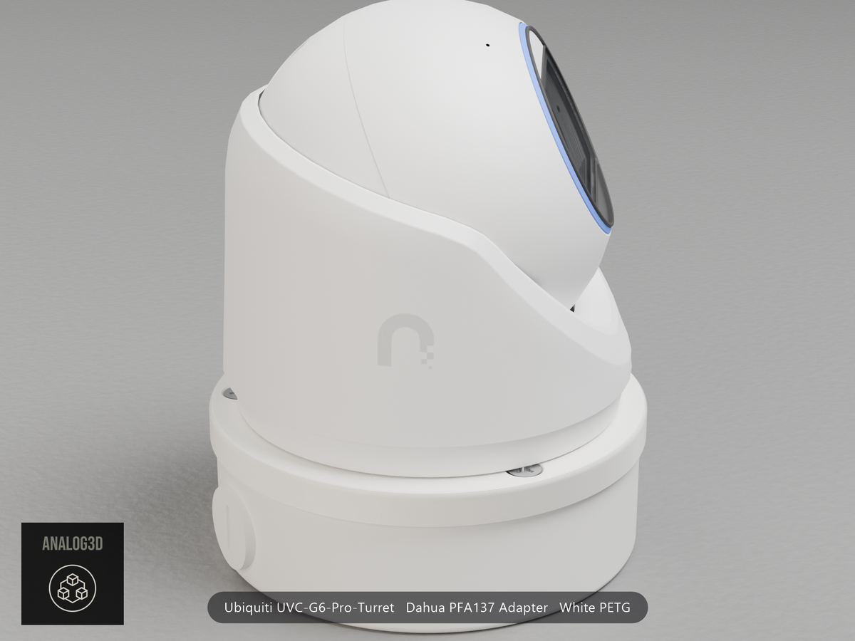 Ubiquiti UVC-G6-Pro-Turret on a white PETG Dahua PFA137 adapter plate mounted on a Dahua PFA137 junction box