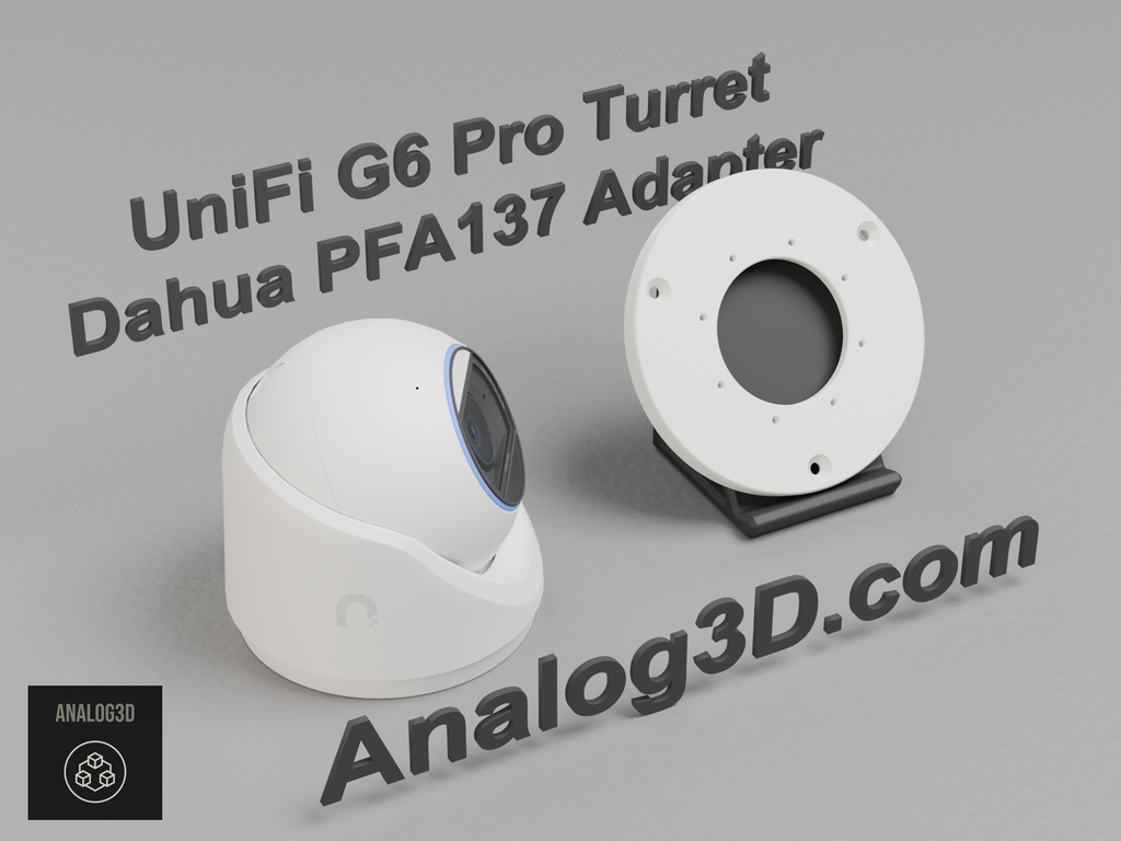 White PETG Dahua PFA137 adapter plate for the Ubiquiti UVC-G6-Pro-Turret on a display stand with the camera