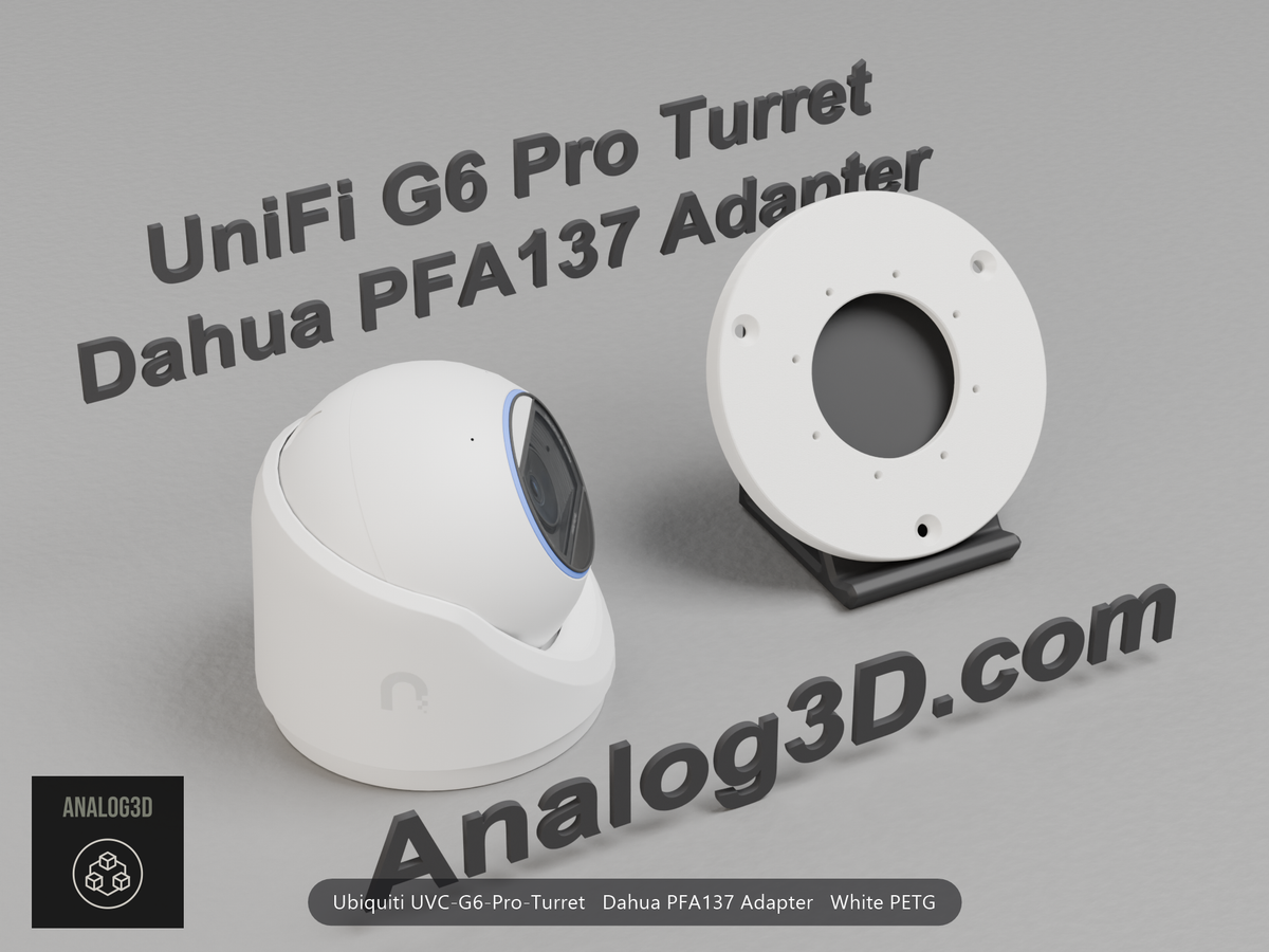 White PETG Dahua PFA137 adapter plate for the Ubiquiti UVC-G6-Pro-Turret on a display stand with the camera