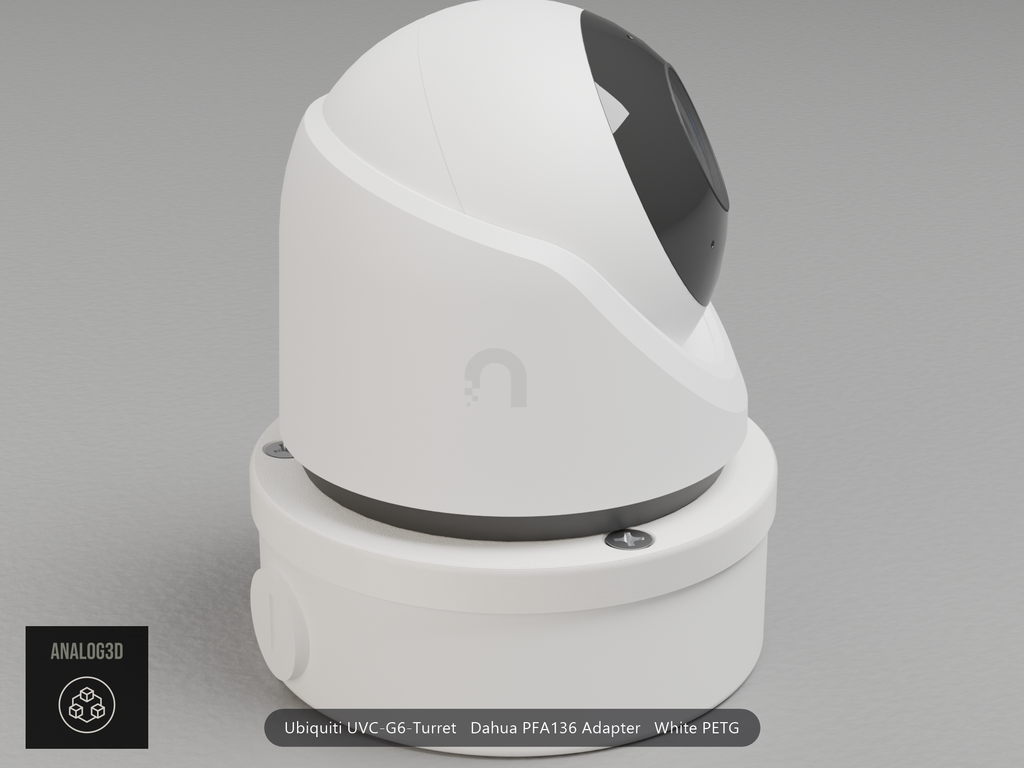 Ubiquiti UVC-G6-Turret on a white PETG Dahua PFA136 adapter plate mounted on a Dahua PFA136 junction box