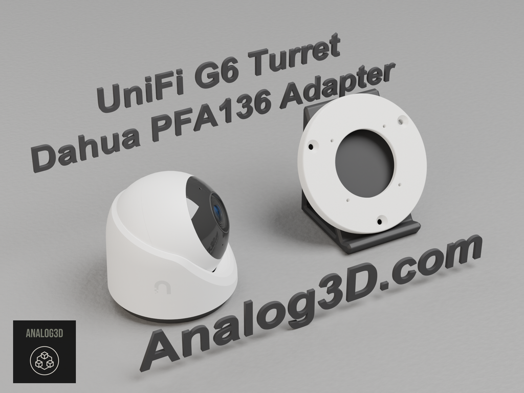 White PETG Dahua PFA136 adapter plate for the Ubiquiti UVC-G6-Turret on a display stand with the camera
