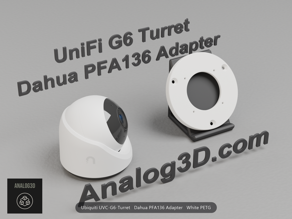 White PETG Dahua PFA136 adapter plate for the Ubiquiti UVC-G6-Turret on a display stand with the camera