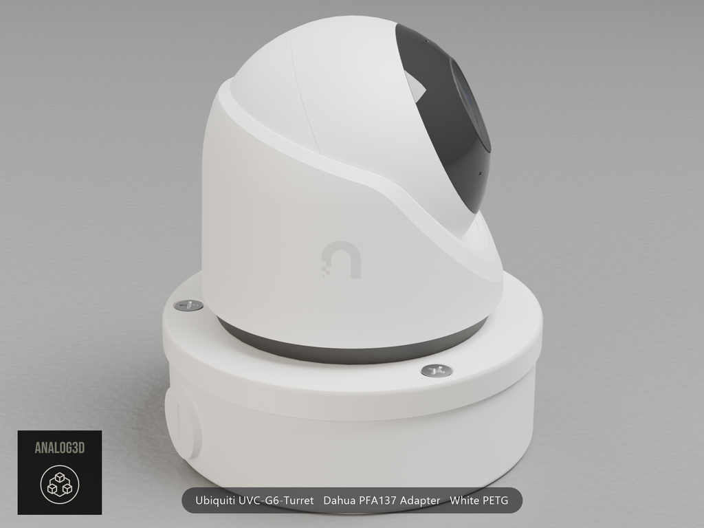 Ubiquiti UVC-G6-Turret on a white PETG Dahua PFA137 adapter plate mounted on a Dahua PFA137 junction box