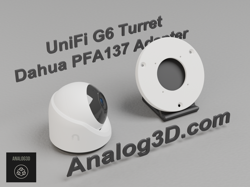 White PETG Dahua PFA137 adapter plate for the Ubiquiti UVC-G6-Turret on a display stand with the camera