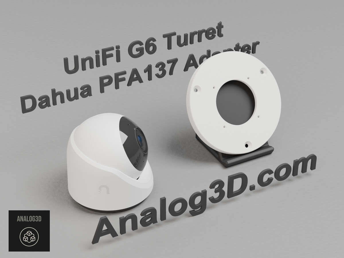 White PETG Dahua PFA137 adapter plate for the Ubiquiti UVC-G6-Turret on a display stand with the camera