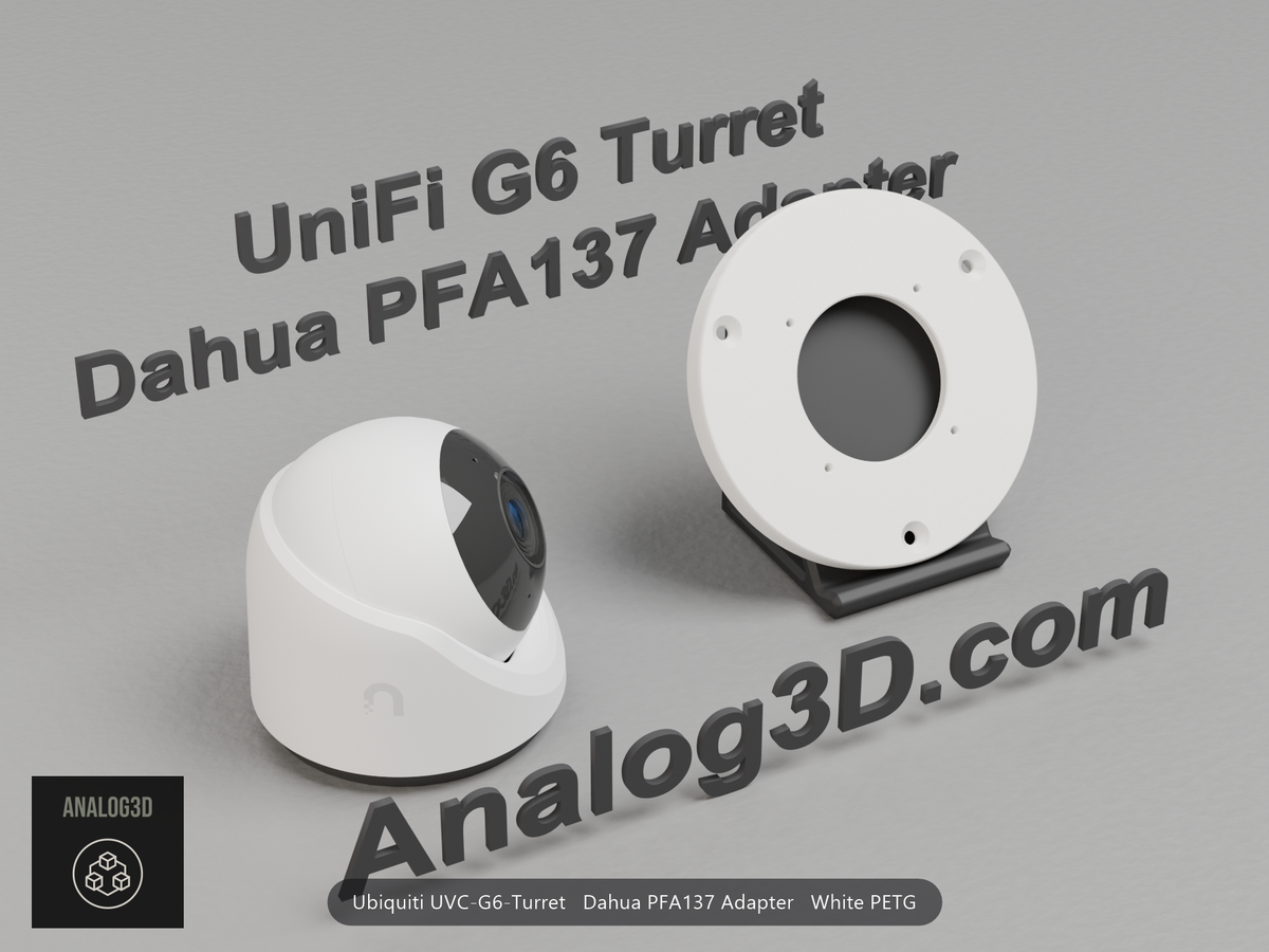 White PETG Dahua PFA137 adapter plate for the Ubiquiti UVC-G6-Turret on a display stand with the camera