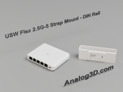 Ubiquiti USW-Flex-2.5G-5 next to its 3D printed strap mount with the DIN rail clip seated in the socket - White PETG